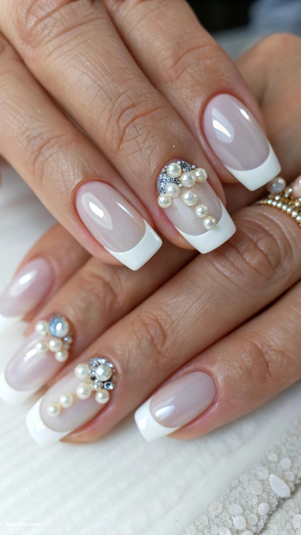 white ghost nails White French tips with pearls
