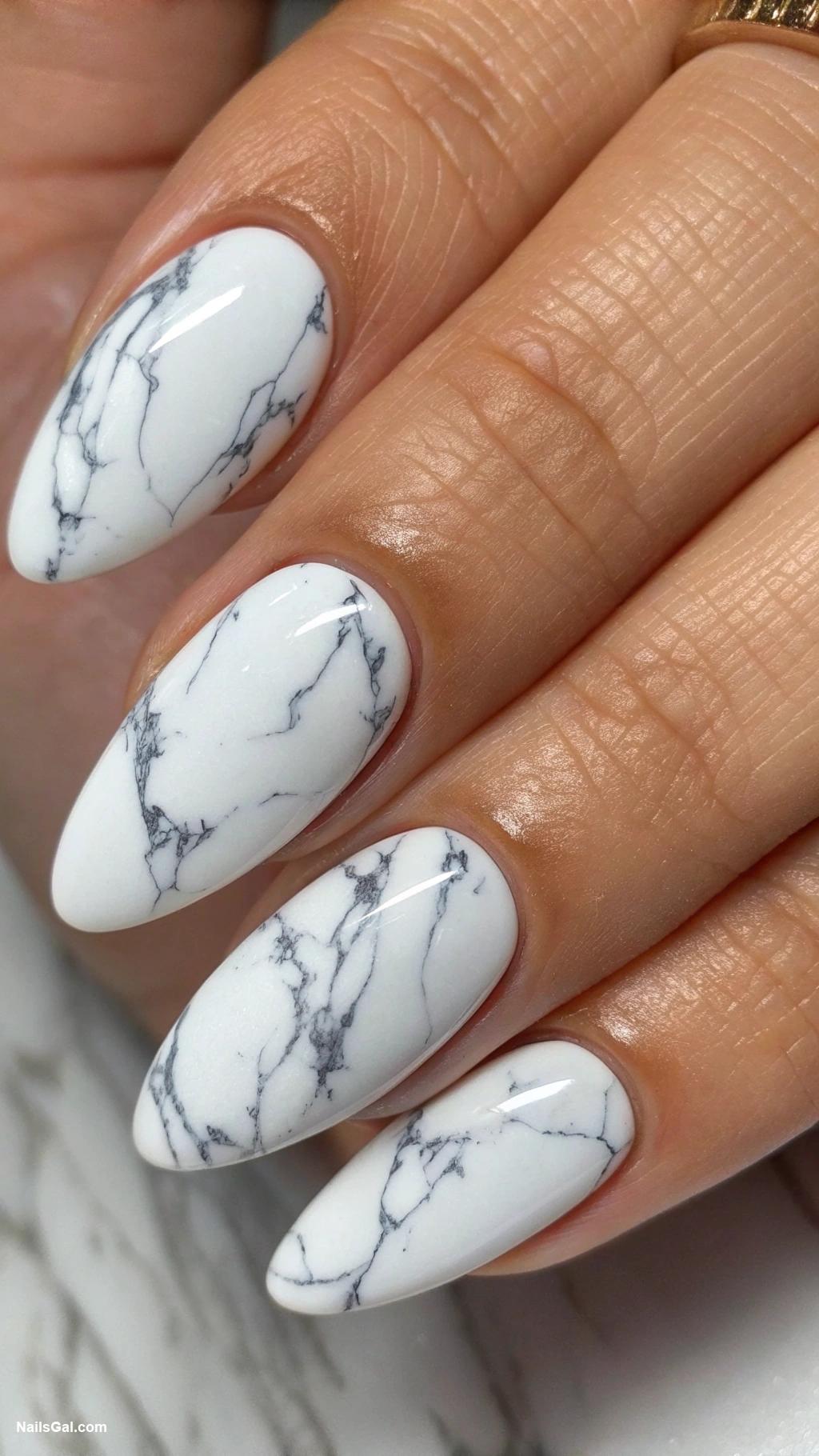 white ghost nails White marble pattern with gray veins
