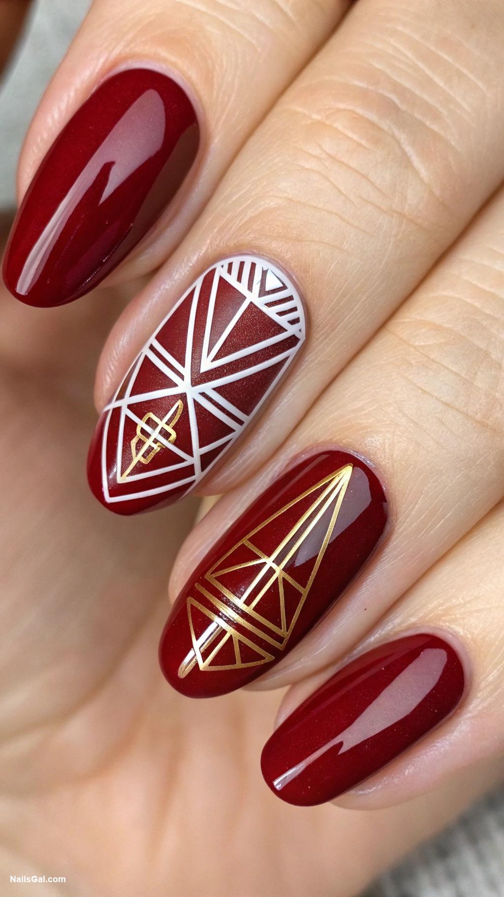wine red nails Chic red with geometric shapes