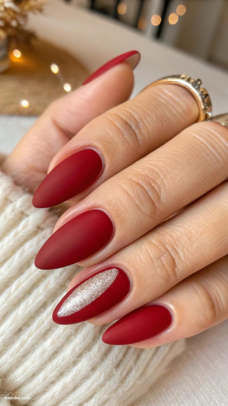 wine red nails Matte red with glossy tips