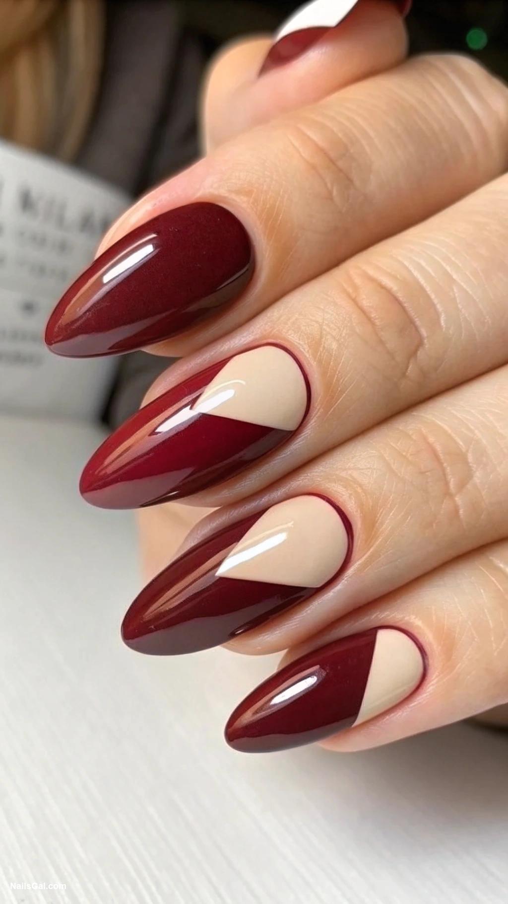 wine red nails Red and nude color block