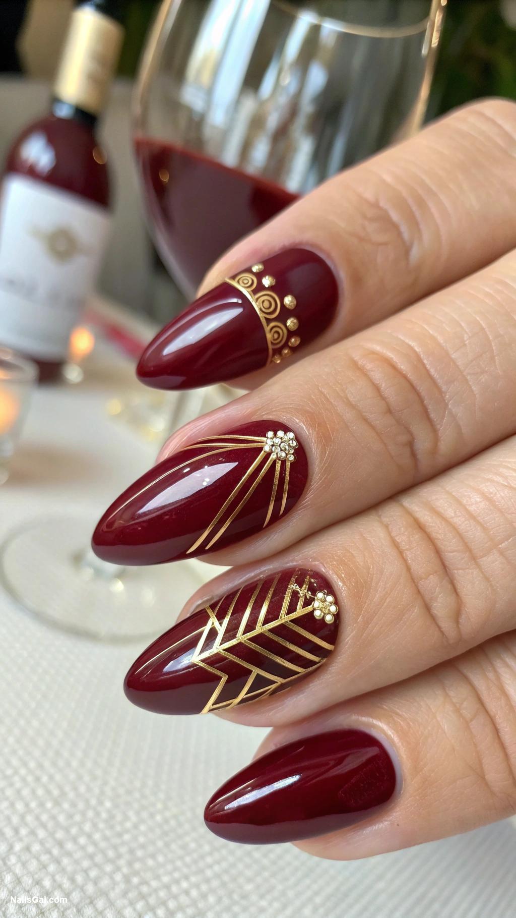 wine red nails Red nails with gold accents