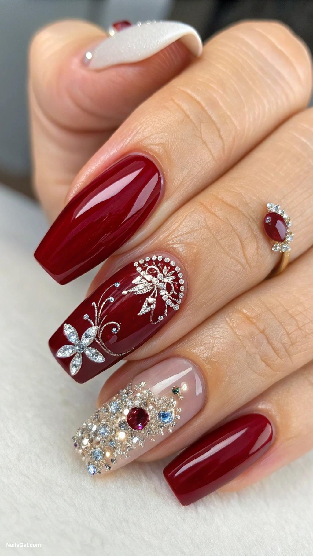 wine red nails Red with crystal embellishments