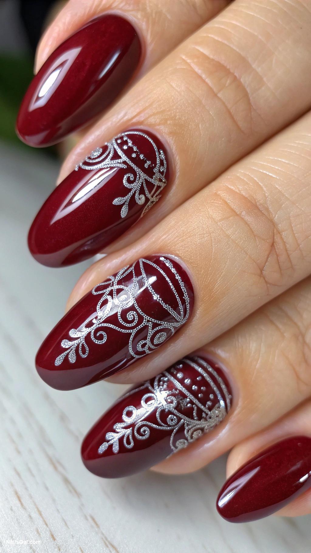 wine red nails Red with delicate silver lines