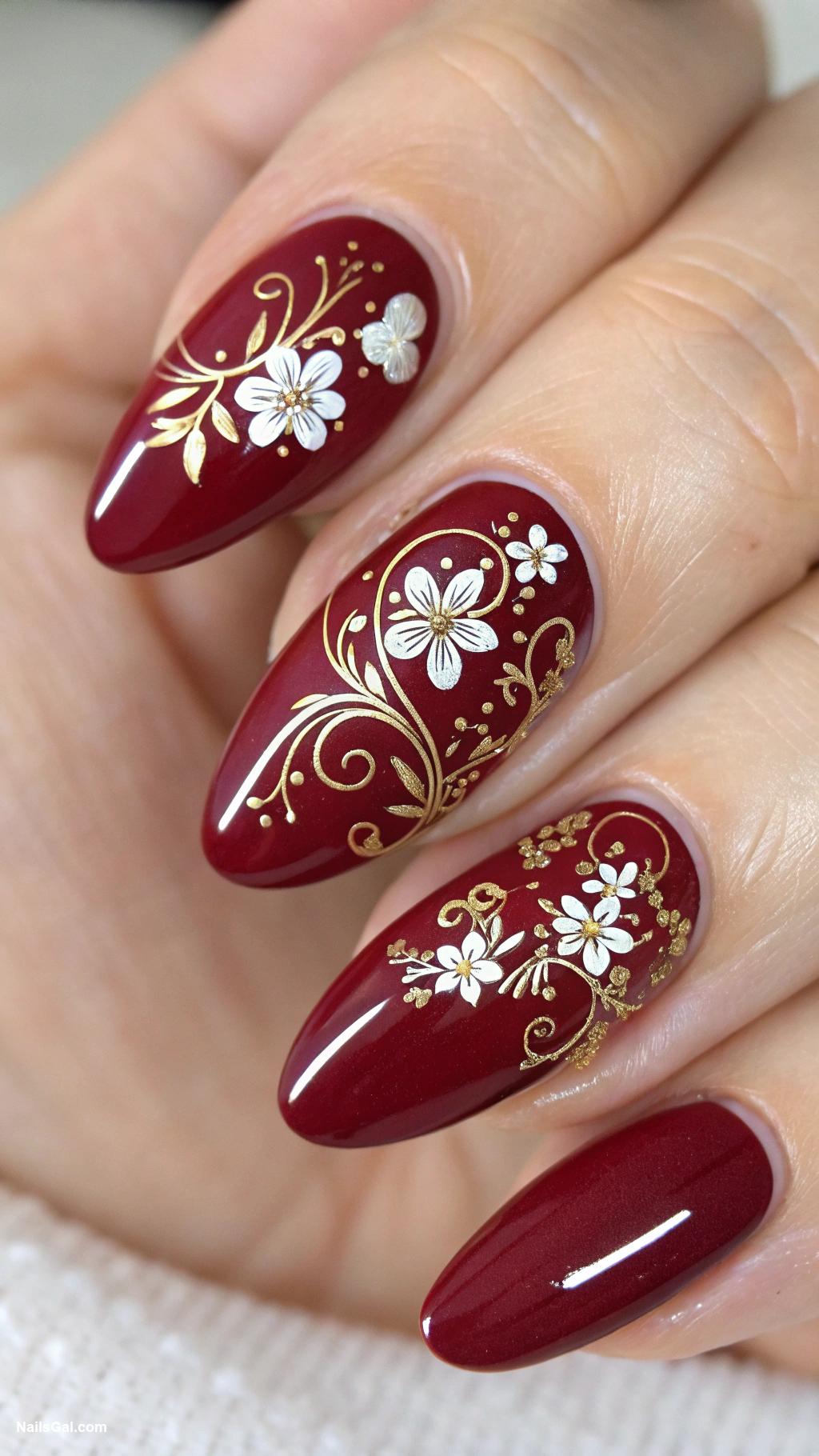 wine red nails Red with floral nail art