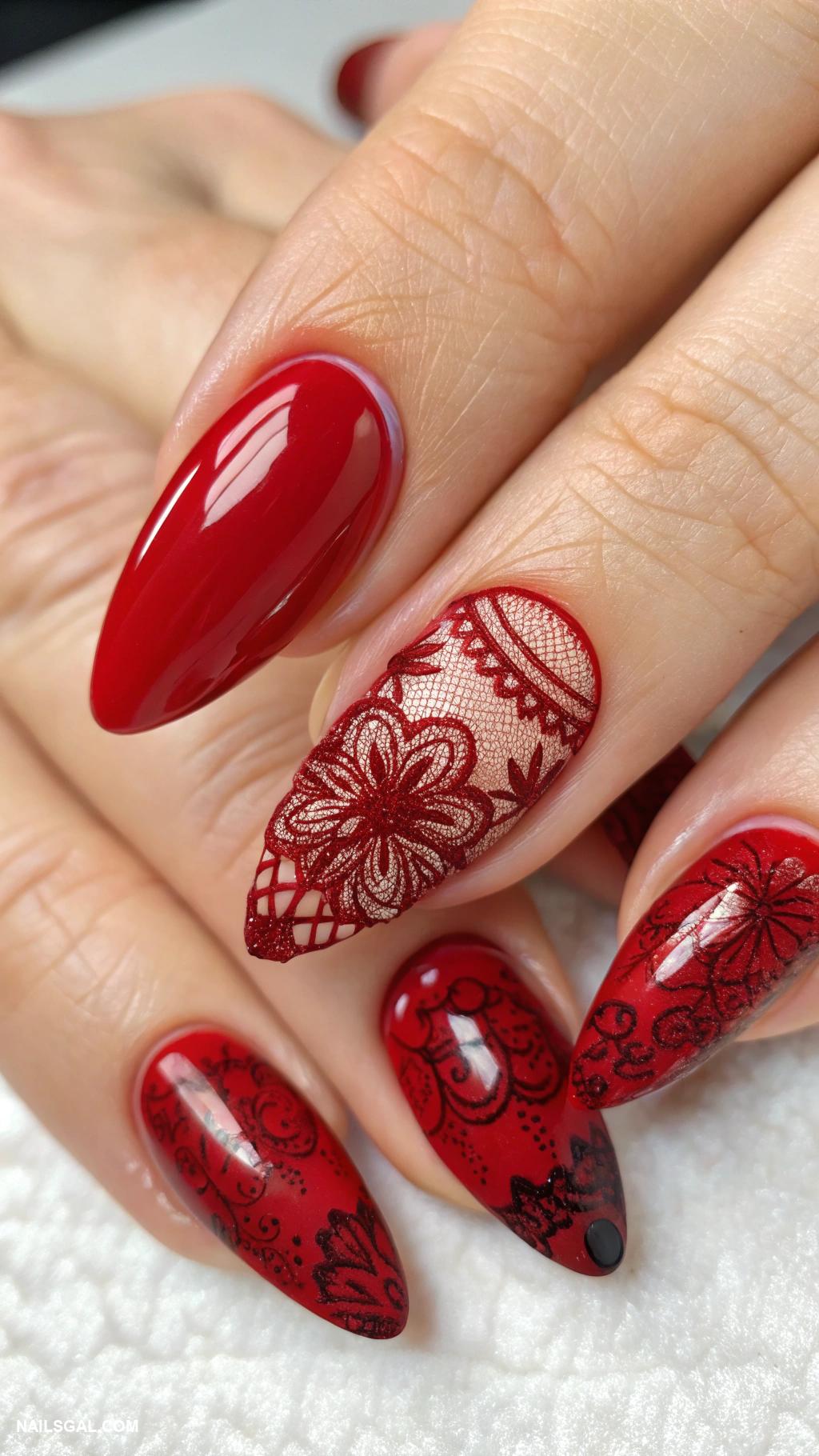 witchy nails Blood red with intricate lace designs