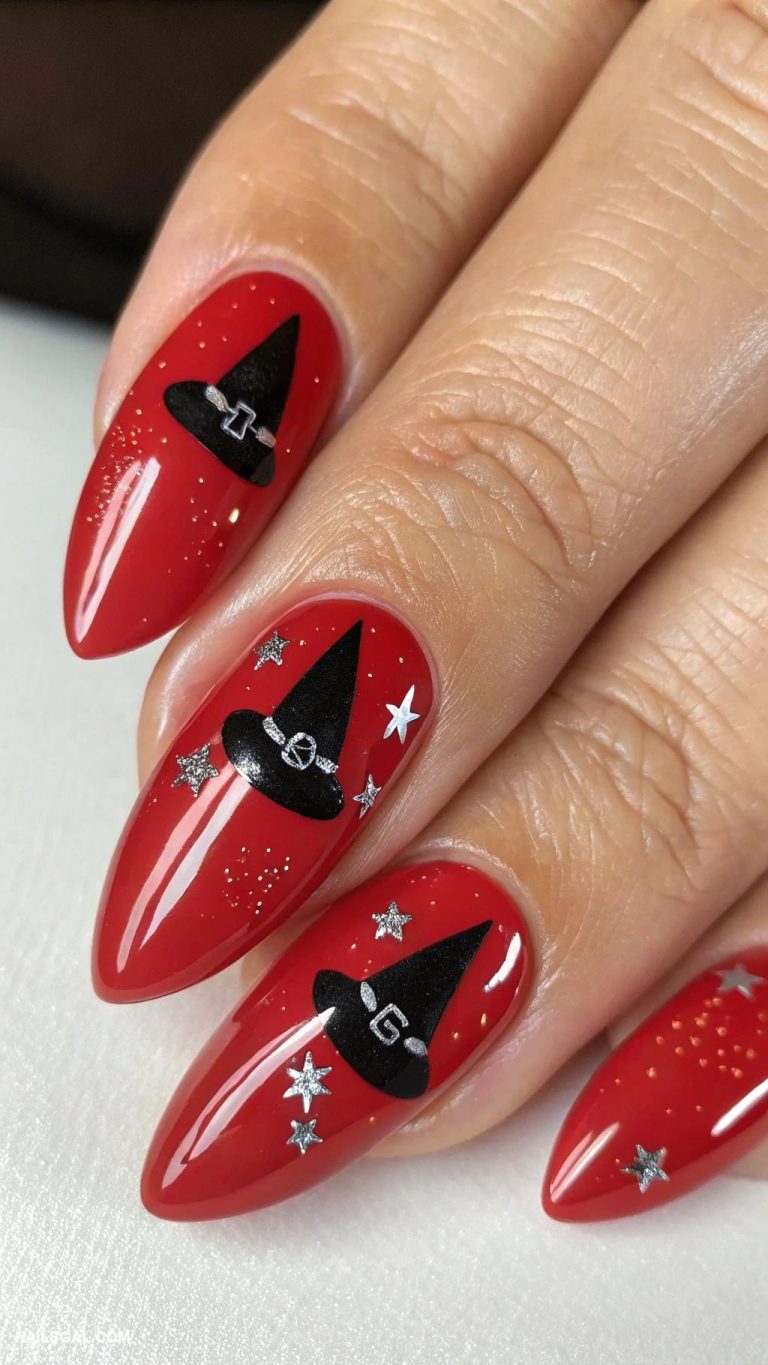 witchy nails Classic red with witch hat accents