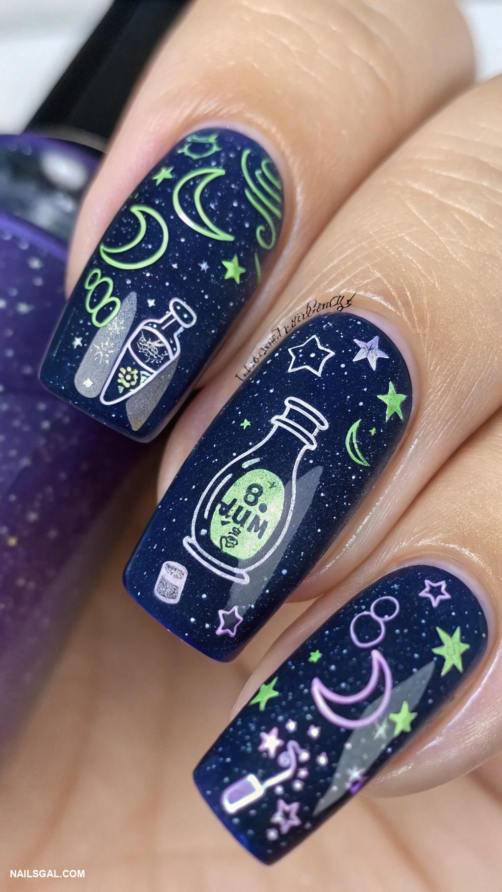 witchy nails Dark blue with glowing potions