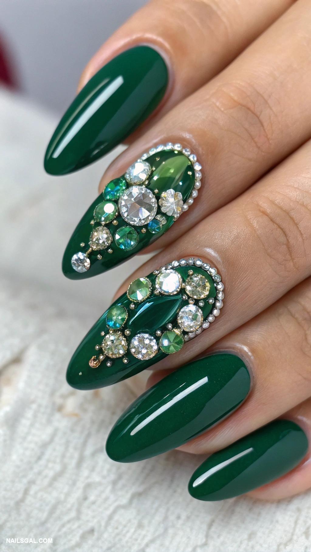witchy nails Forest green with shimmering gemstones