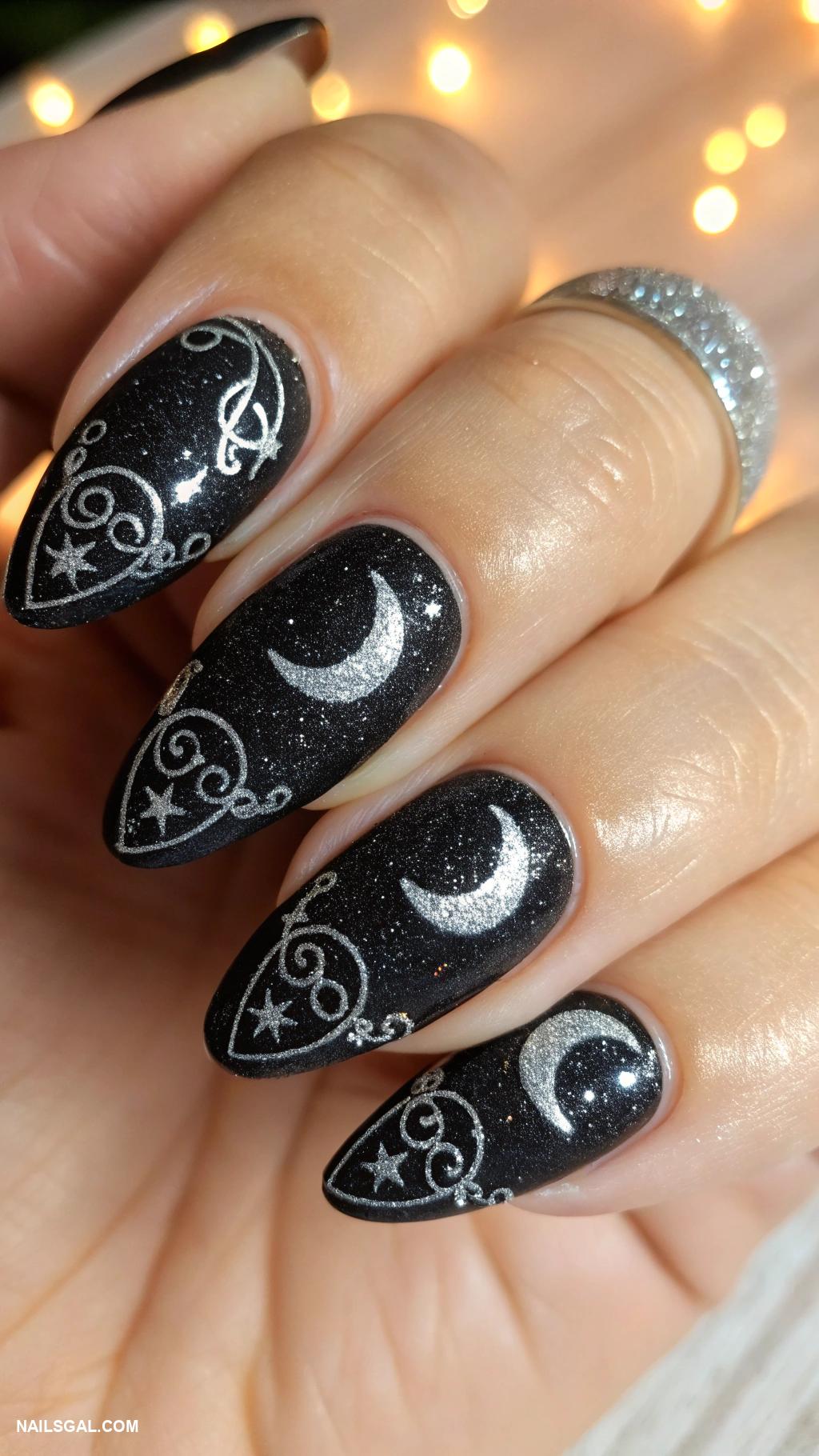 witchy nails Glittery black with crescent moons