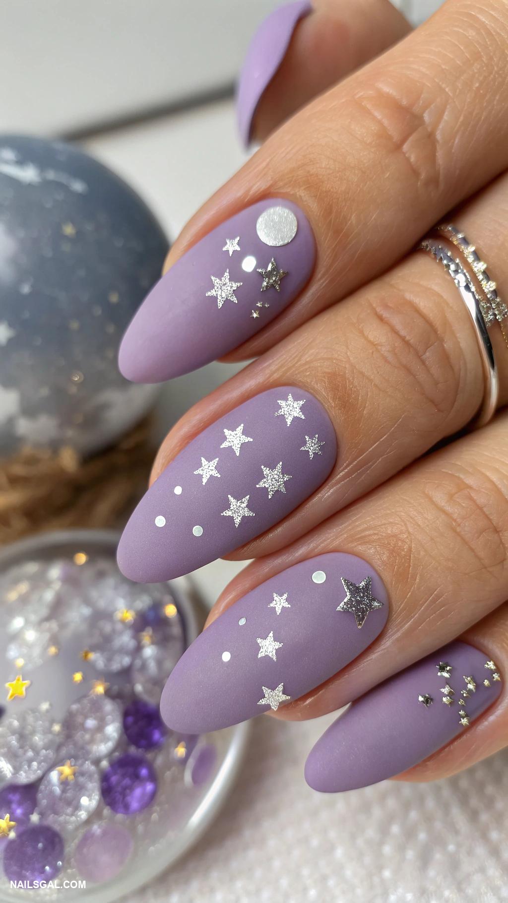 witchy nails Matte purple with silver stars