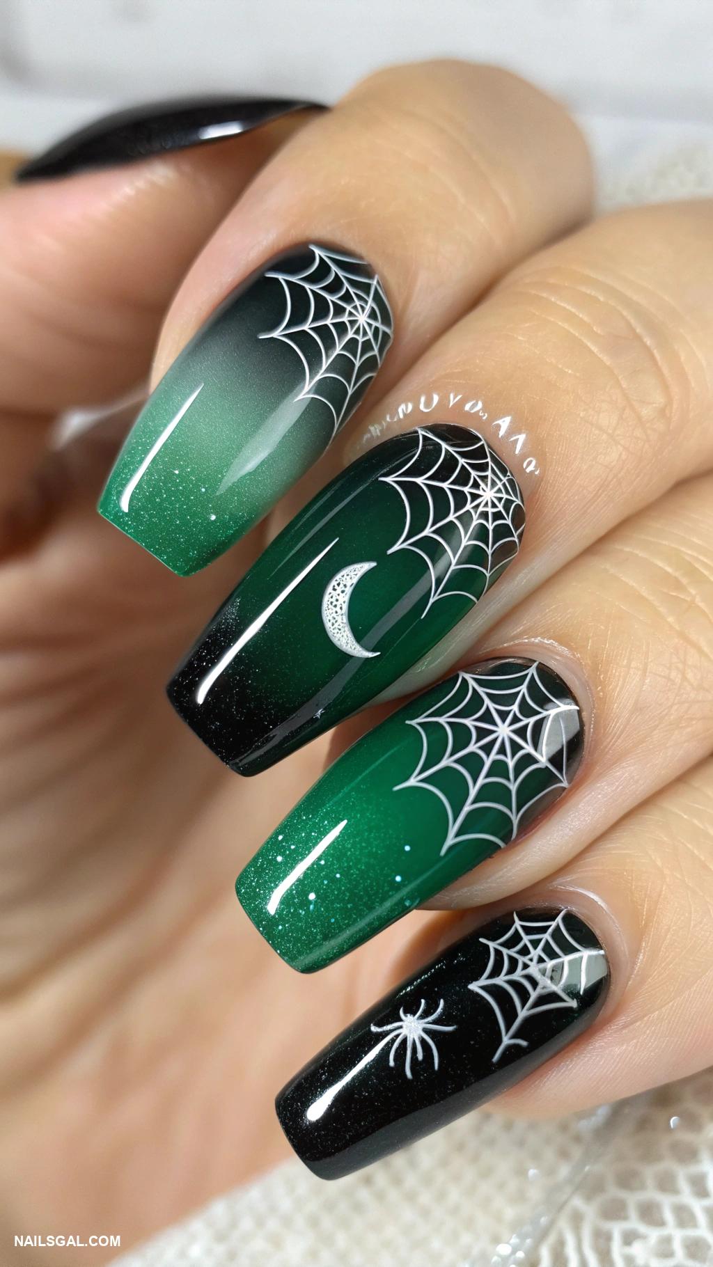 witchy nails Ombre green to black with spider web