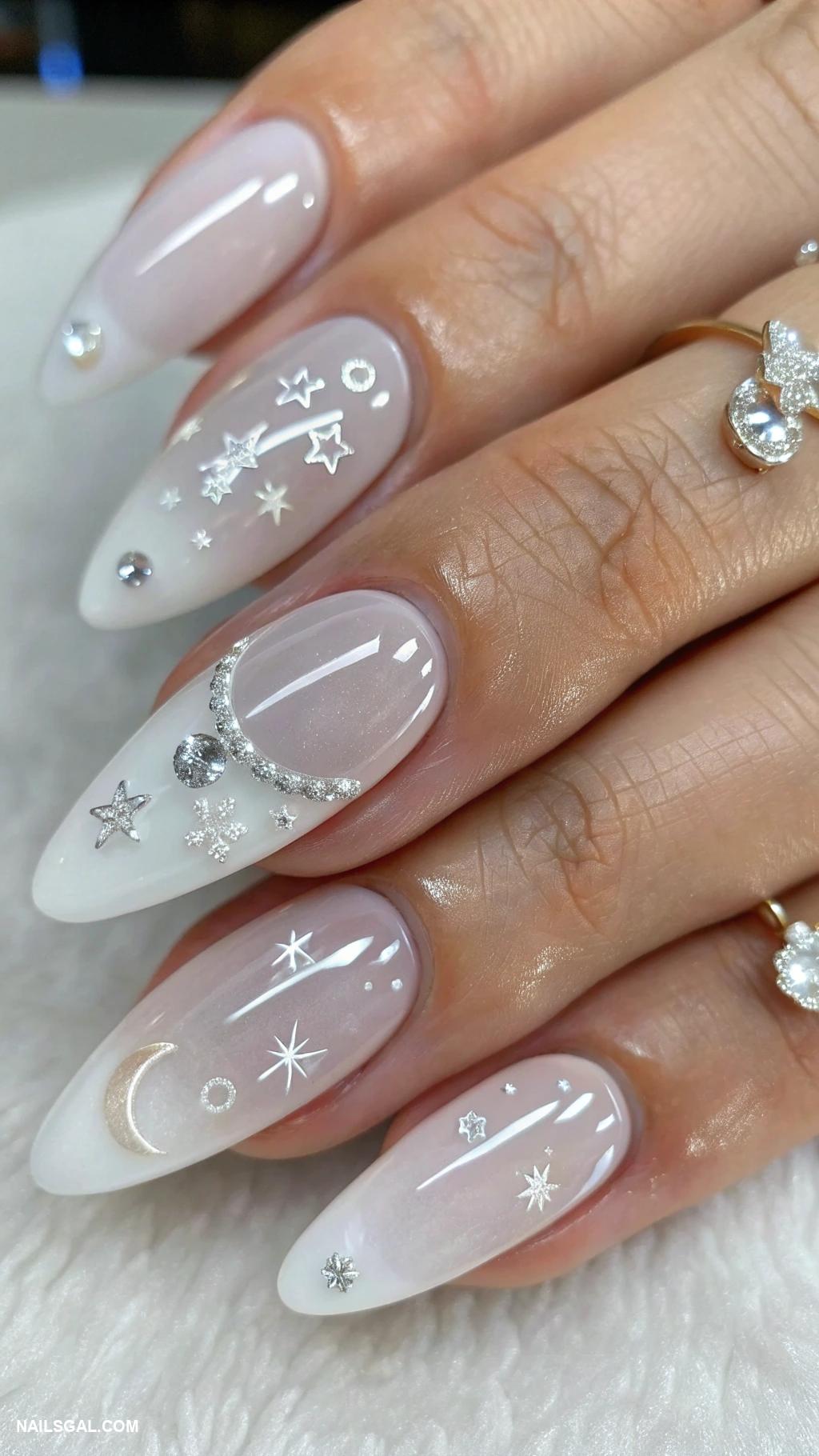 witchy nails Translucent white with crystal charms