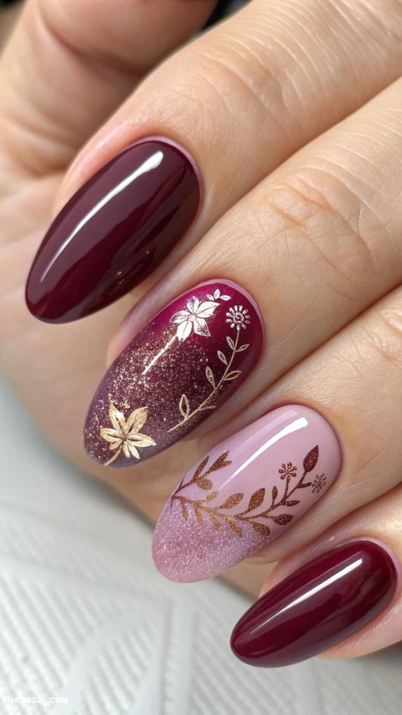 November nails Berry tones with glossy top coat