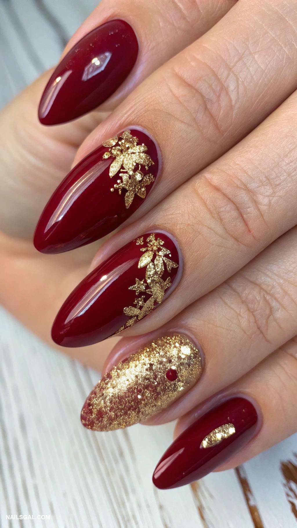 November nails Cranberry red with gold shimmer