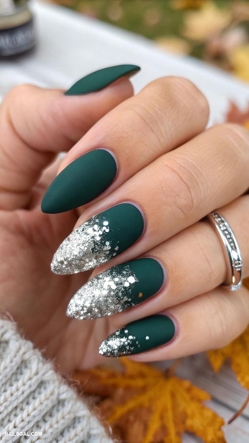 November nails Dark green with silver glitter