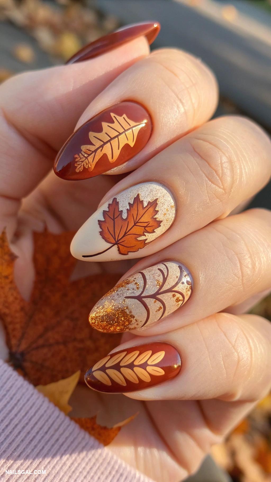 November nails Fall leaves with earthy tones
