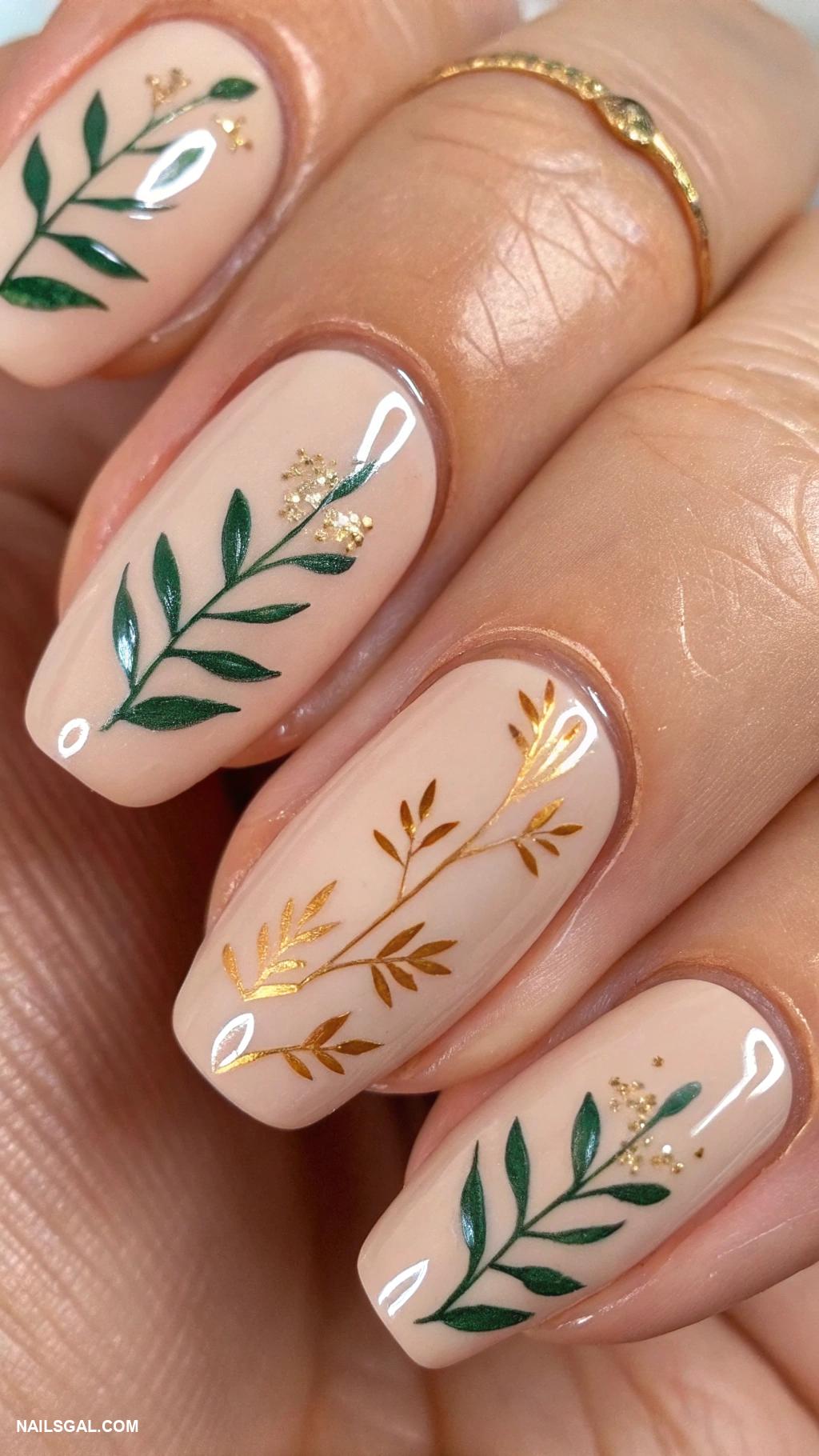 November nails Nude base with tiny leaf decals