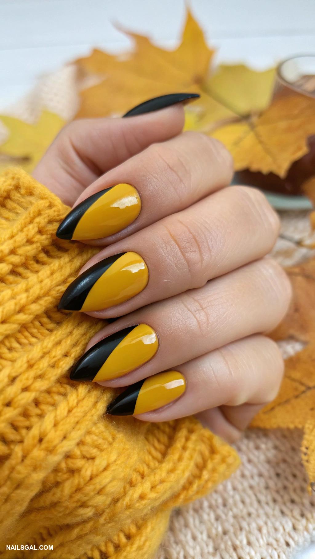 November nails Warm mustard yellow with black tips