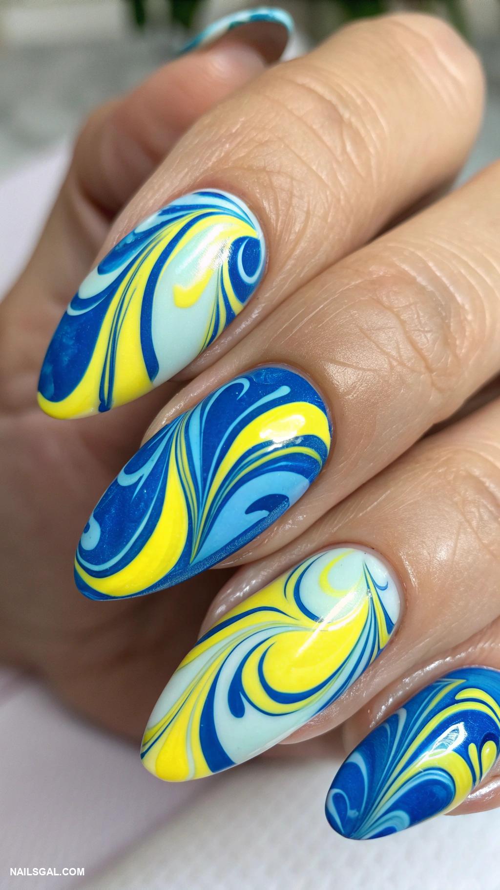 blue and yellow nails Abstract art using blue and yellow swirls