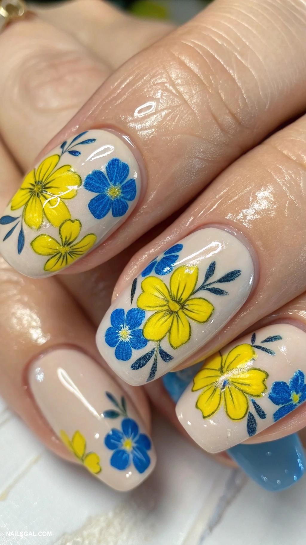 blue and yellow nails Floral designs with blue and yellow petals