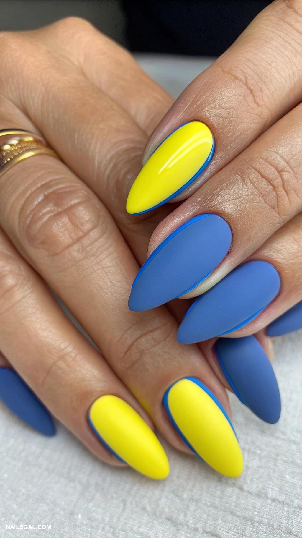blue and yellow nails Matte blue nails with glossy yellow tips