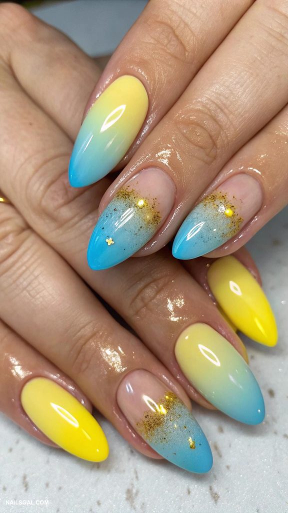 blue and yellow nails Ombre blue and yellow gradient nails