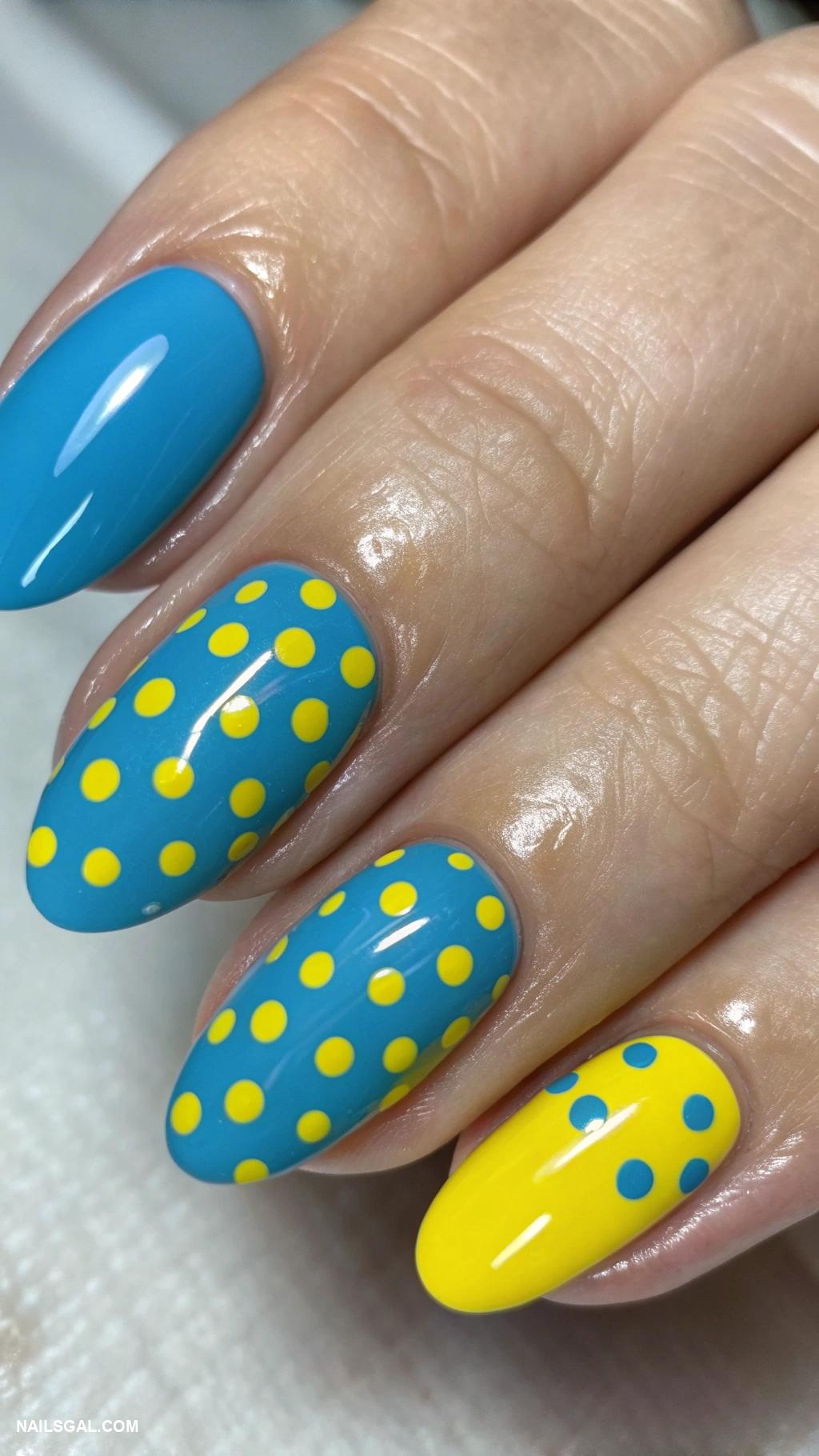 blue and yellow nails Polka dots with blue base and yellow accents