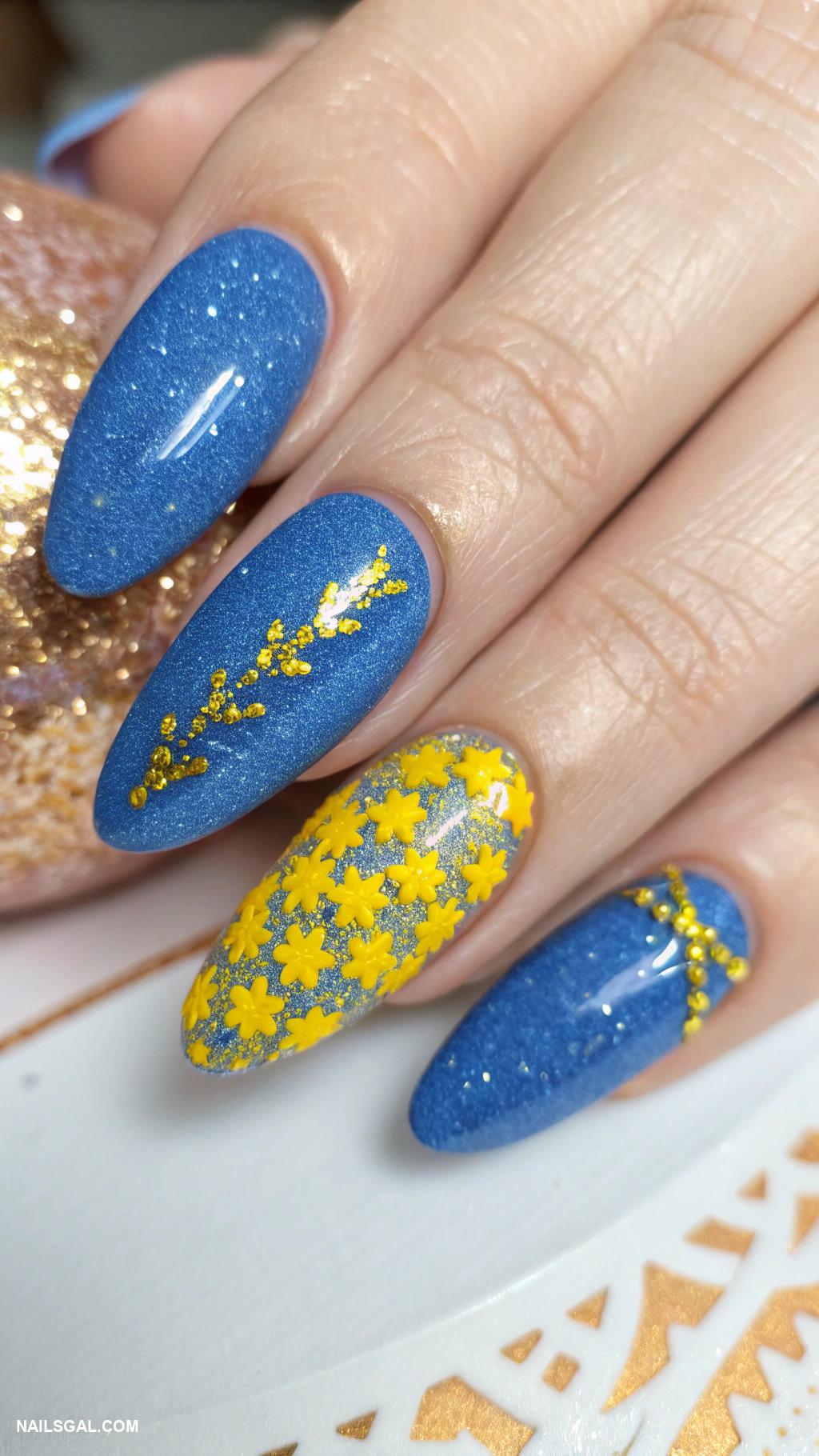 blue and yellow nails Sparkly blue nails with yellow glitter highlights