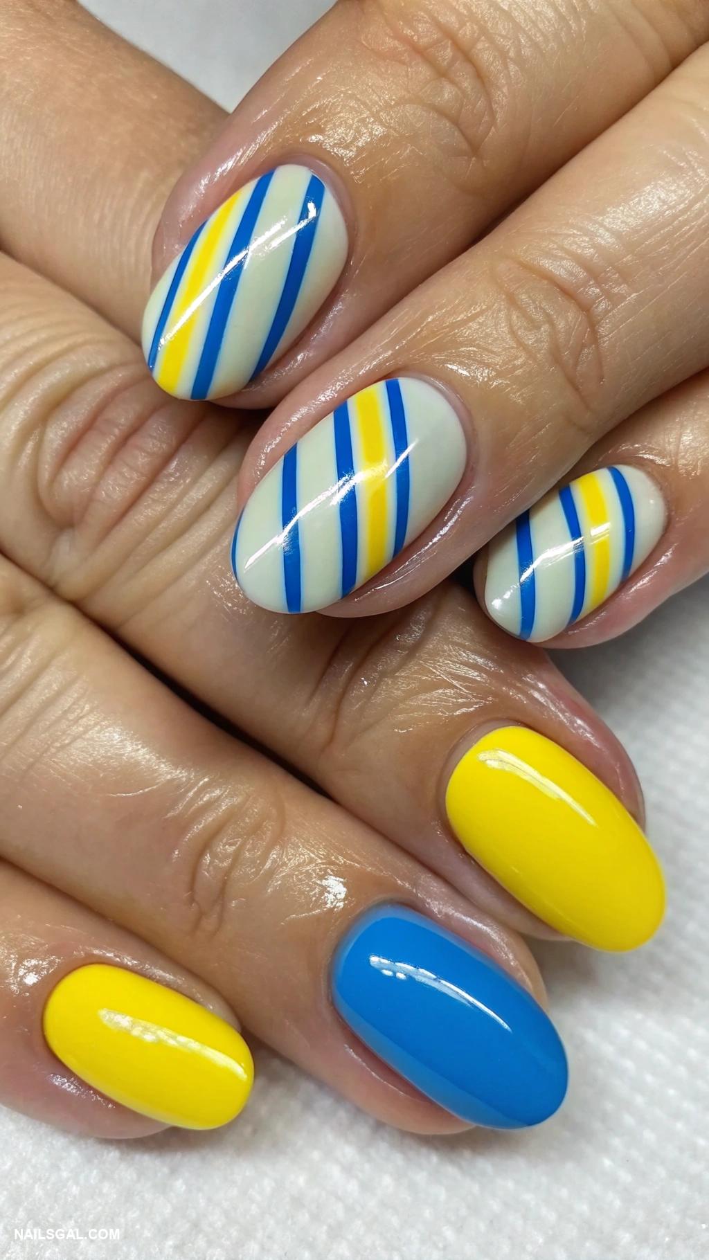 blue and yellow nails Stripes in blue and yellow combination
