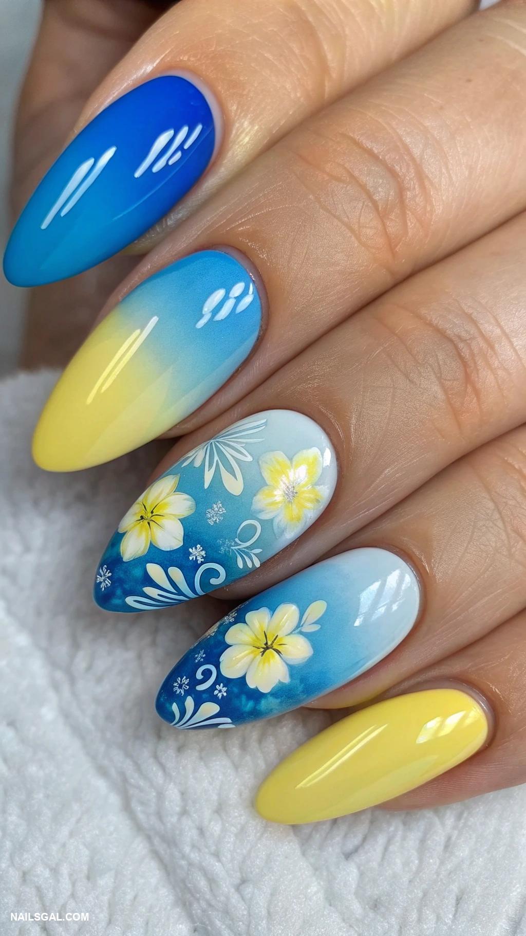 blue and yellow nails Watercolor effect blending blue and yellow shades