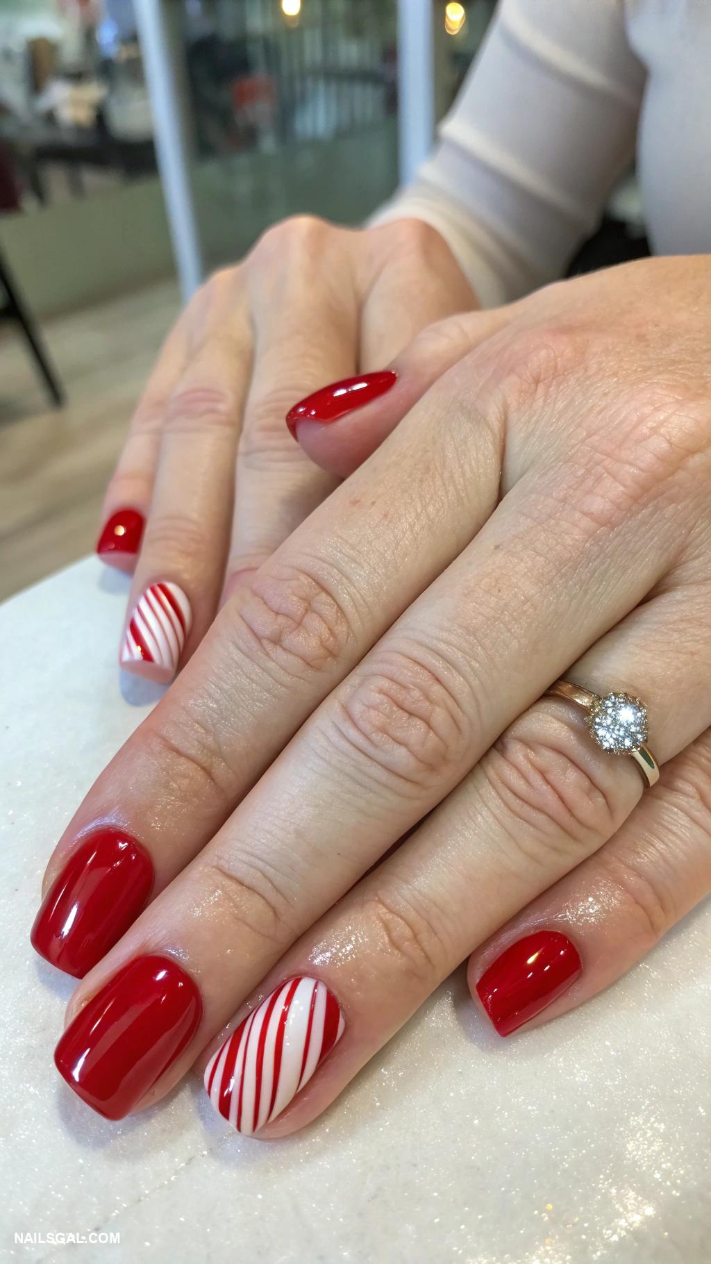 candy cane nails Candy cane accent on ring finger