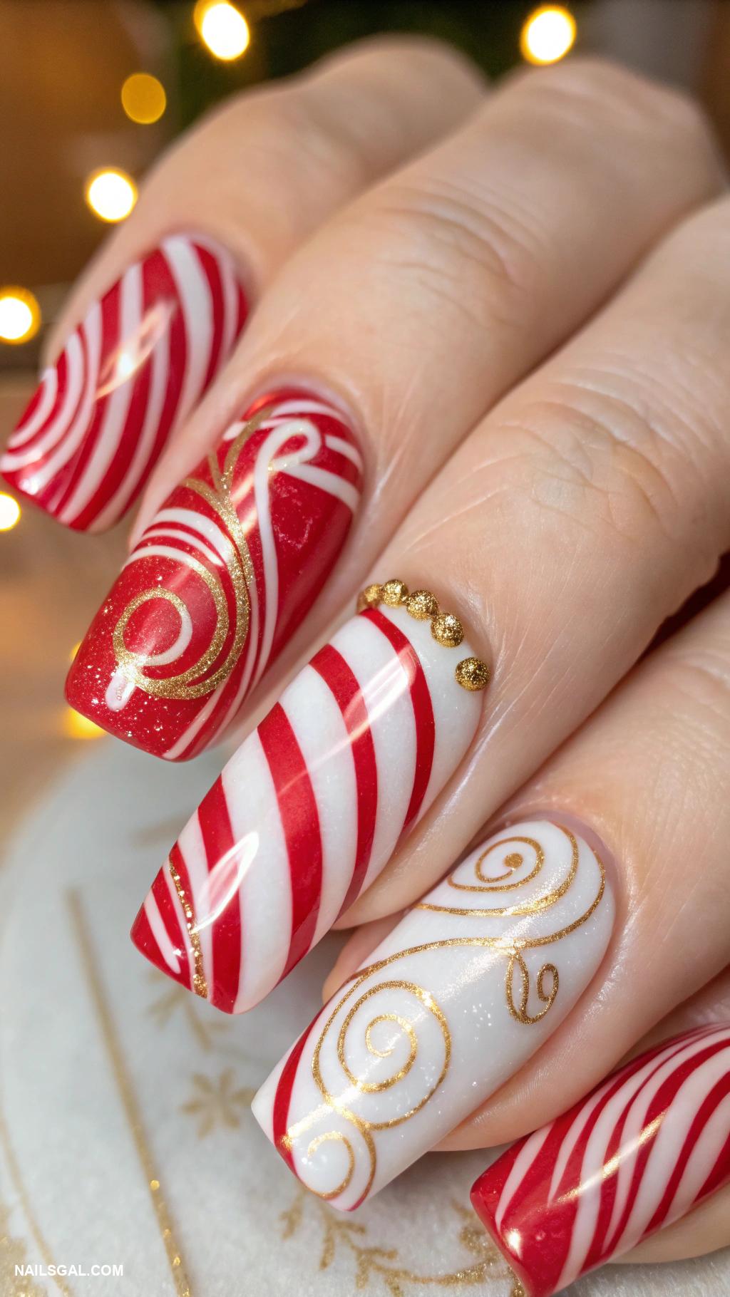candy cane nails Candy cane swirls with gold accent