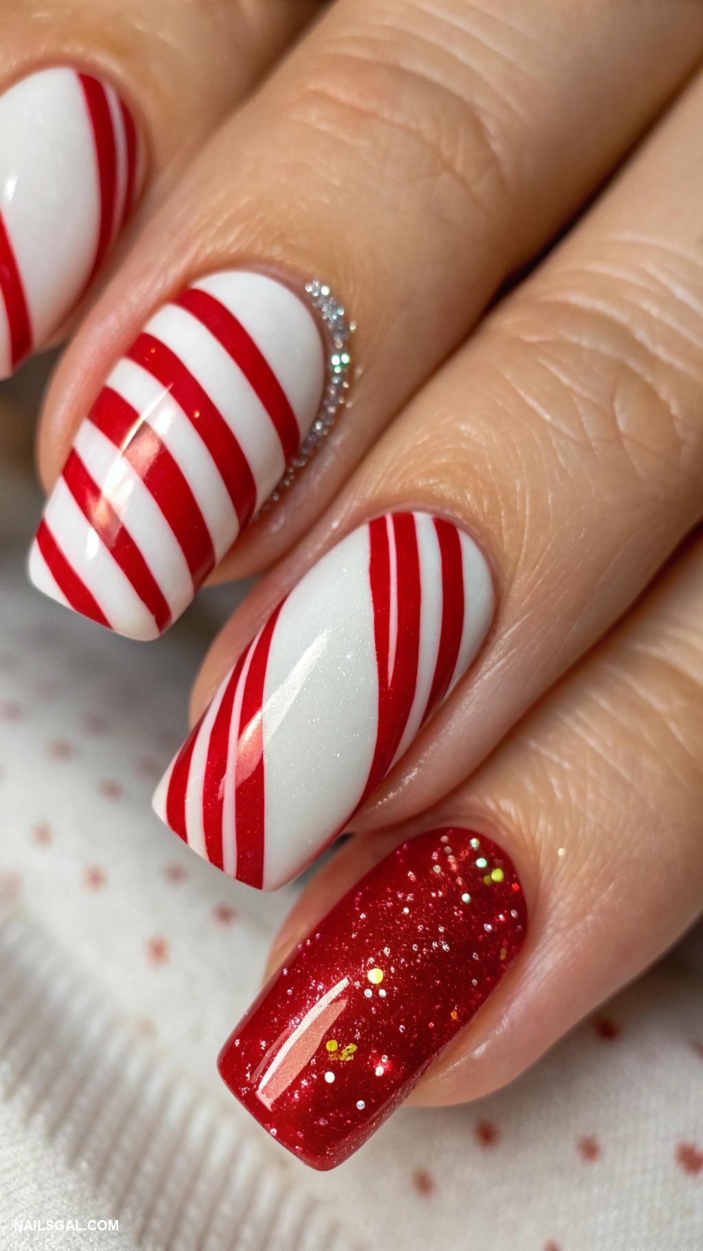 candy cane nails Classic red and white striped design