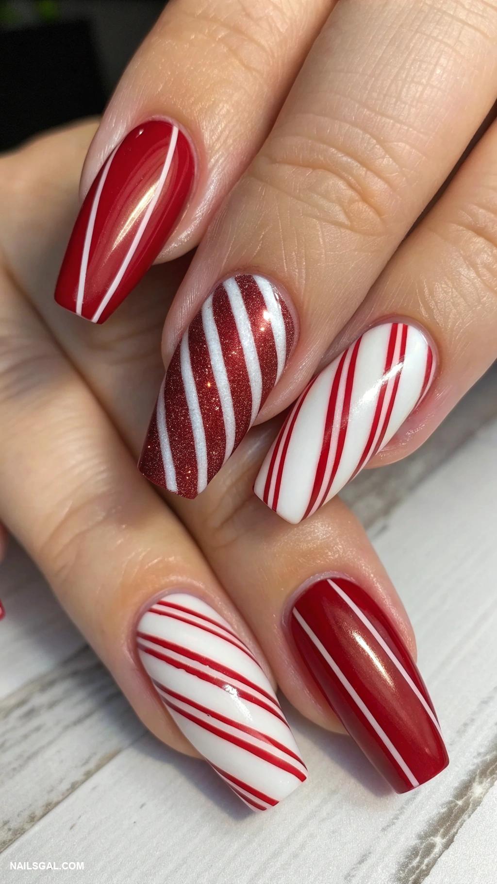 candy cane nails Matte finish with glossy stripes