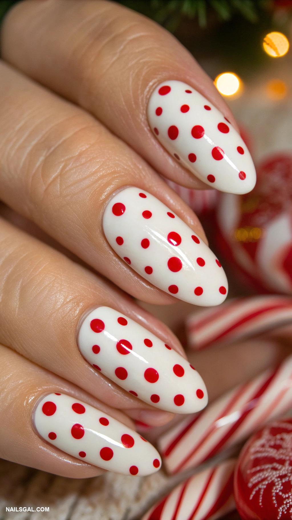 candy cane nails White base with red polka dots