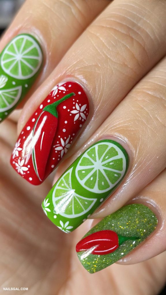 chili pepper nail art Chili pepper and lime combos on nails