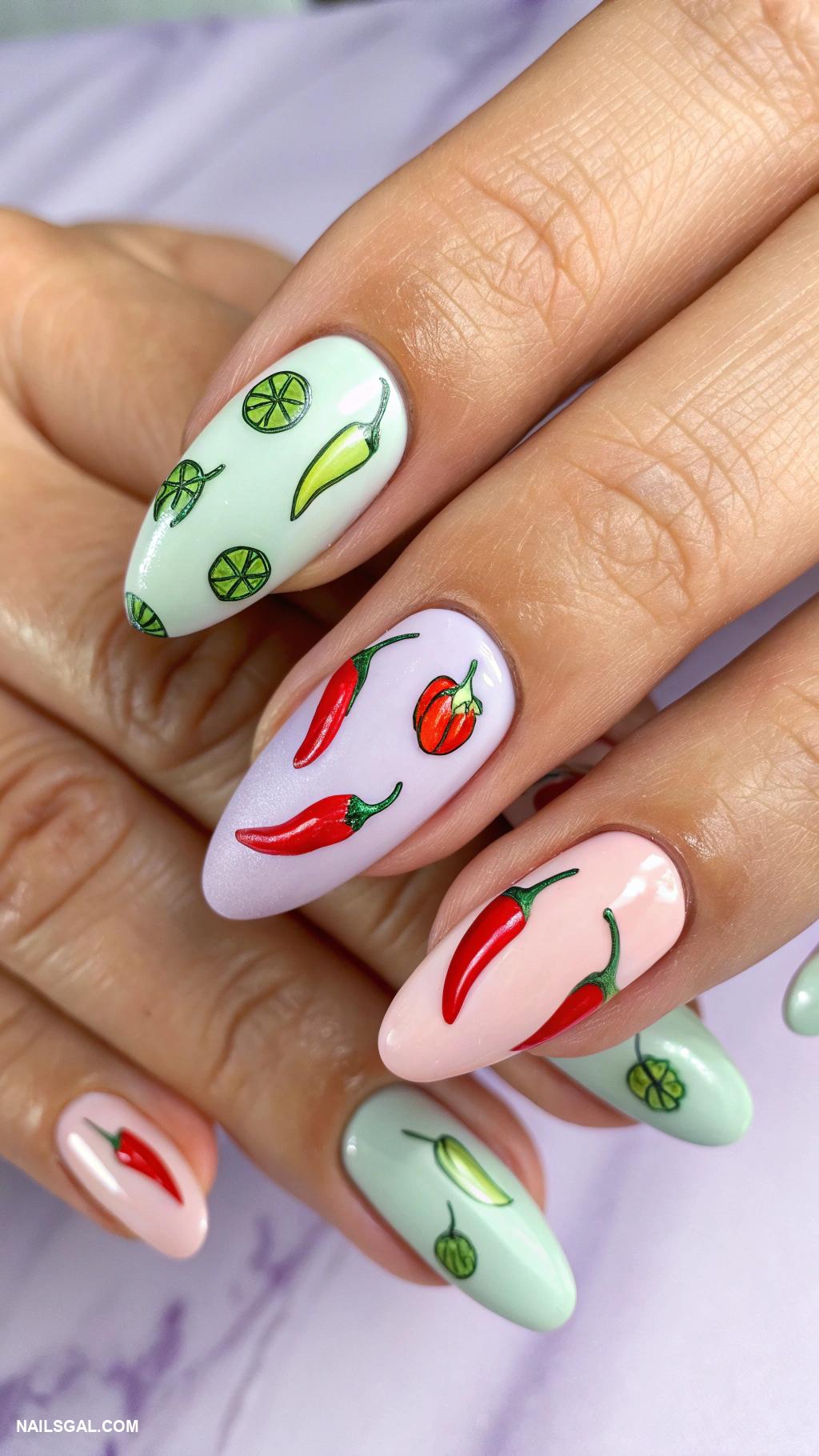 chili pepper nail art Mini chili pepper decals on pastel background