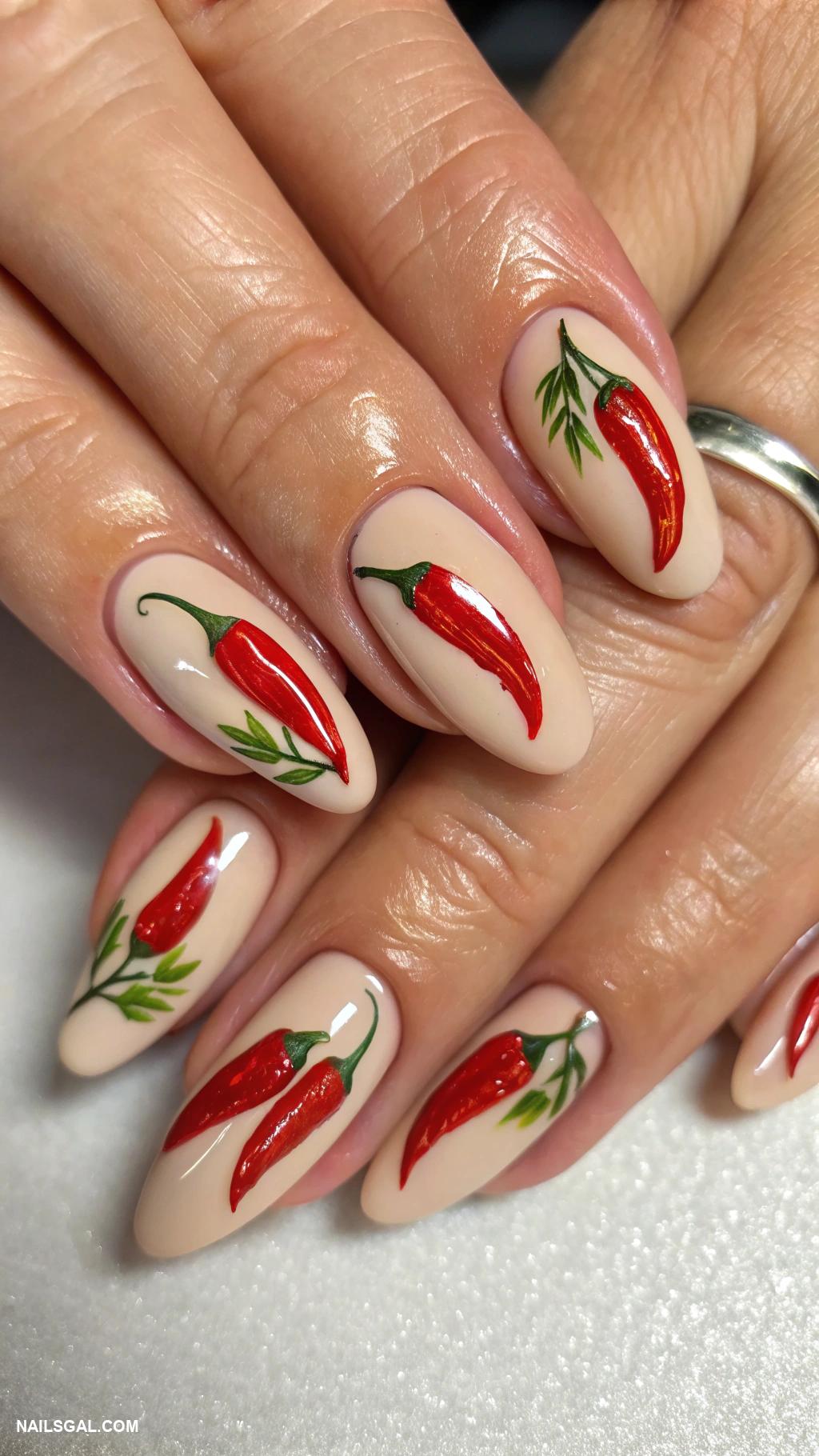chili pepper nail art Red chili pepper accent on nude nails