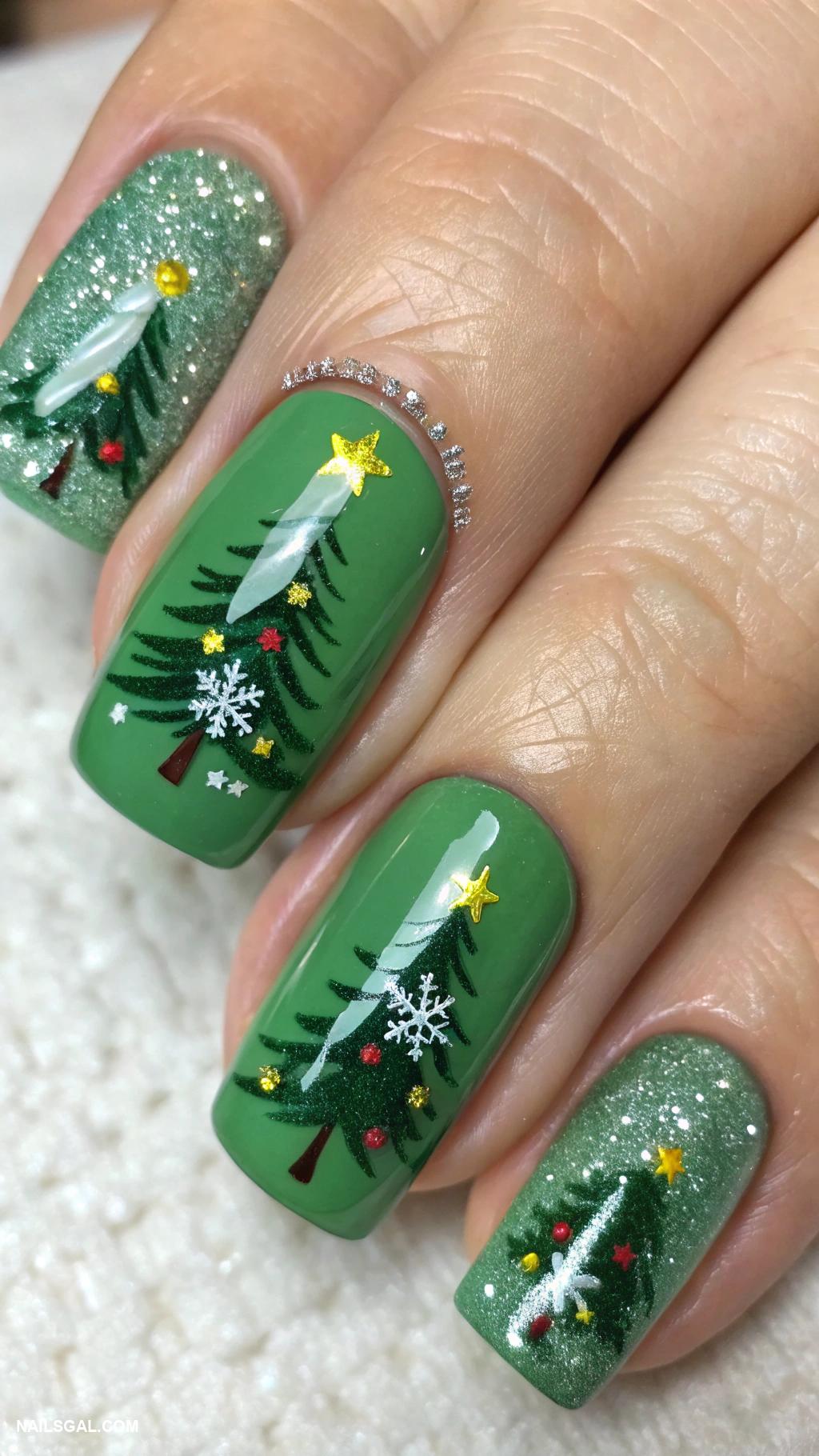 christmas nail design ideas Christmas tree patterns on green nails