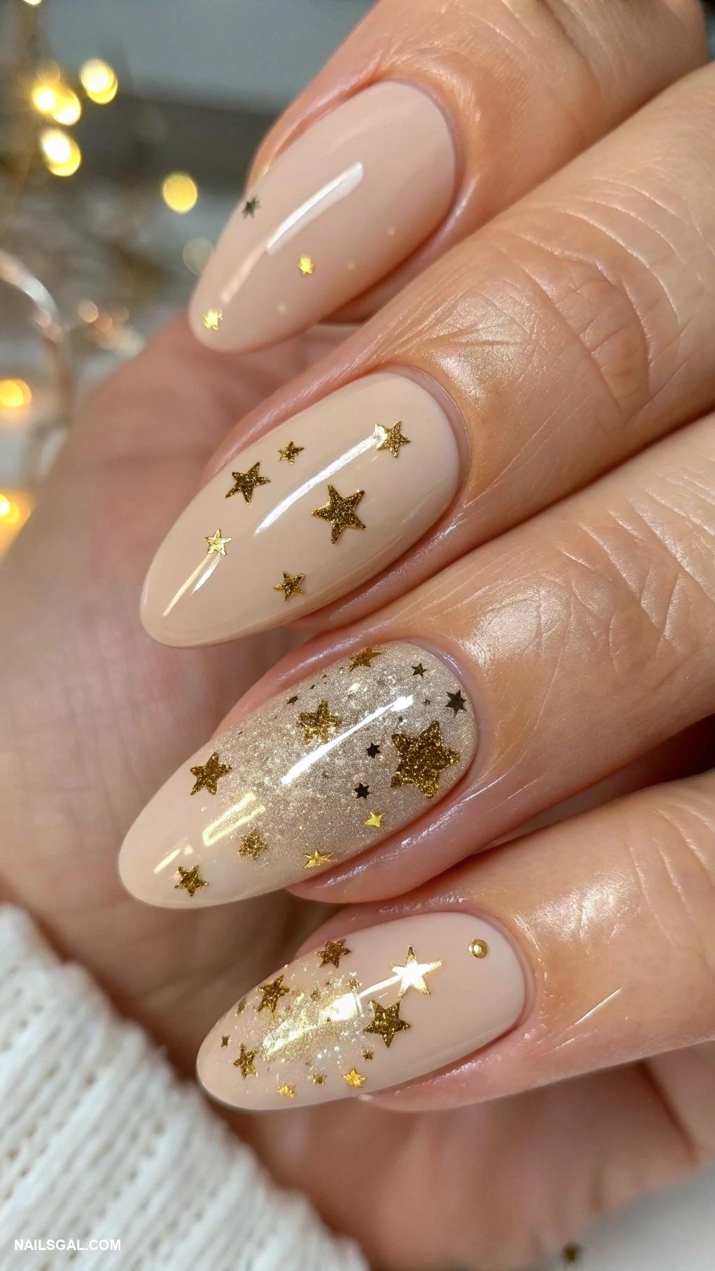 christmas nail design ideas Glistening gold stars on nude base