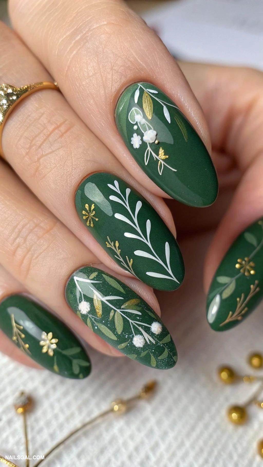christmas nail design ideas Mistletoe accents with rich green