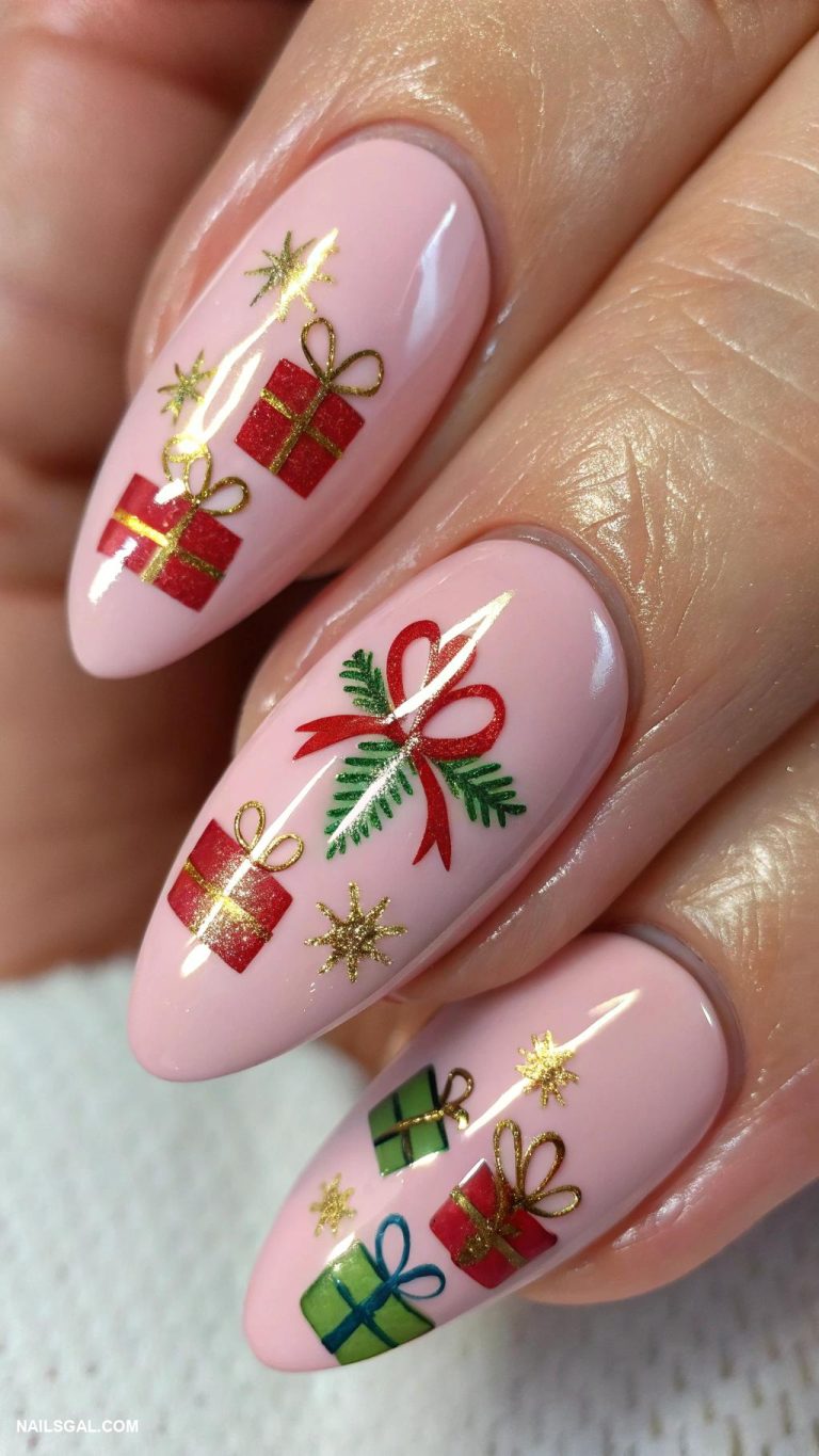 christmas nail design ideas Presents design on pink nails