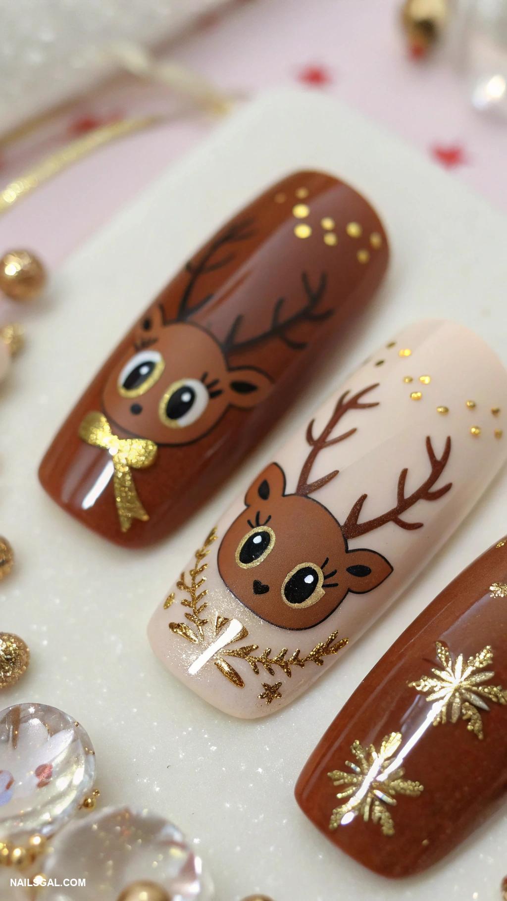 christmas nail design ideas Reindeer faces with brown and gold
