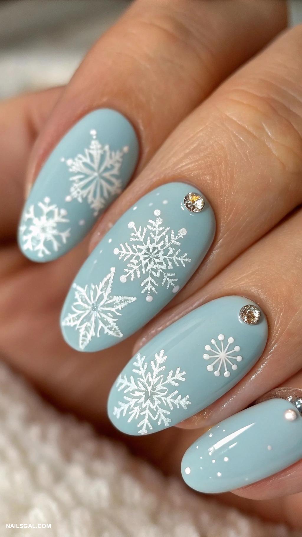 christmas nail design ideas Snowflakes on pastel blue nails