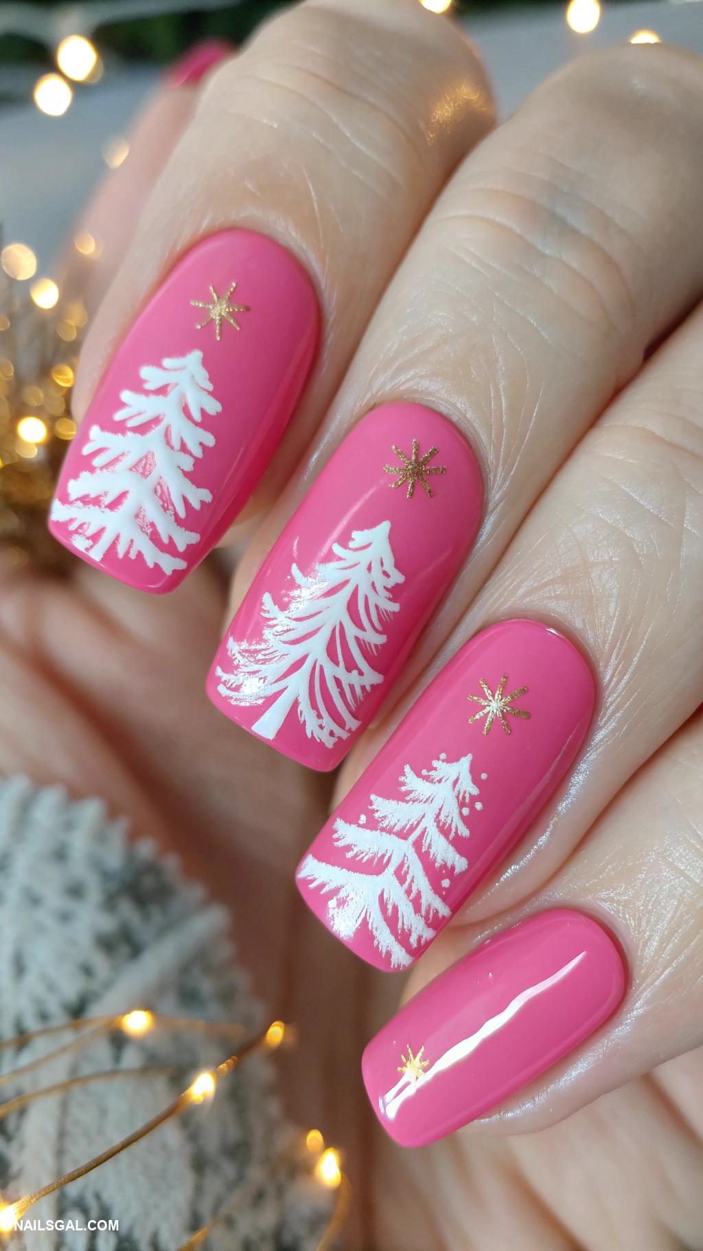 christmas tree nails Bright pink with hand painted trees