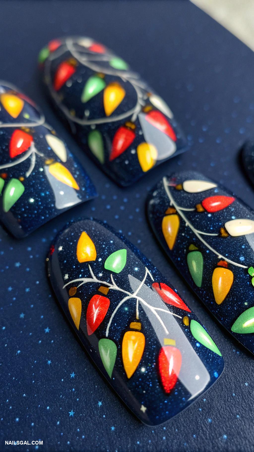 christmas tree nails Christmas lights pattern on dark blue