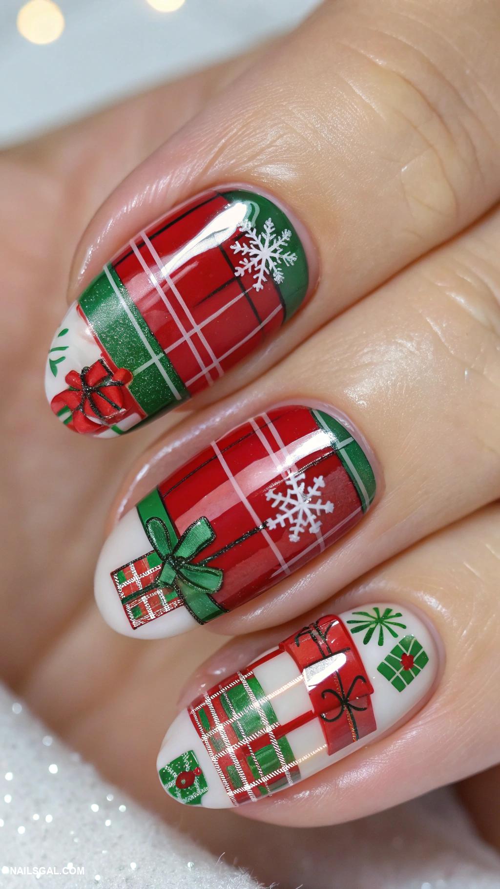 christmas tree nails Classic plaid with tiny Christmas gifts