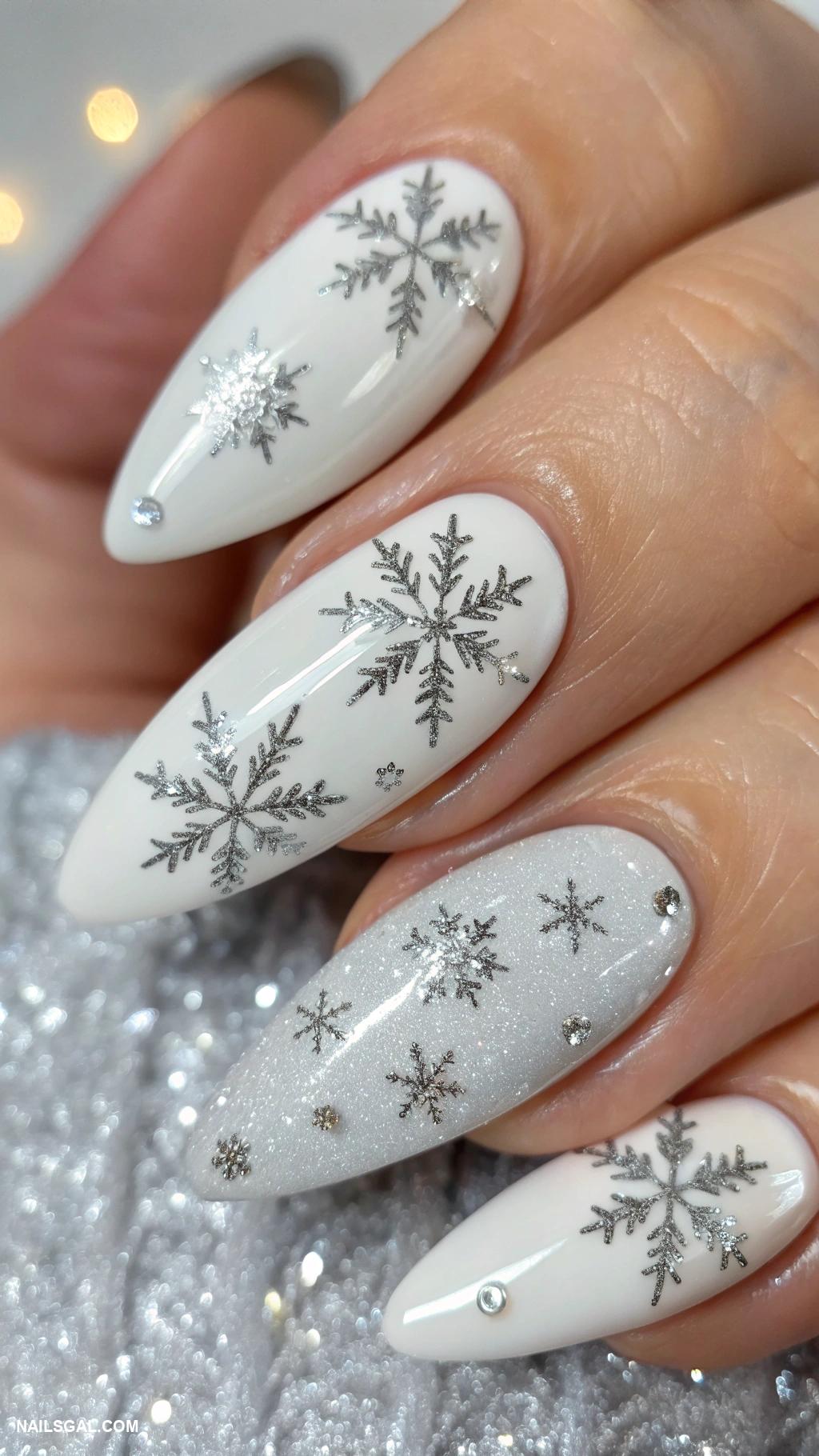 christmas tree nails Frosted white with silver snowflakes