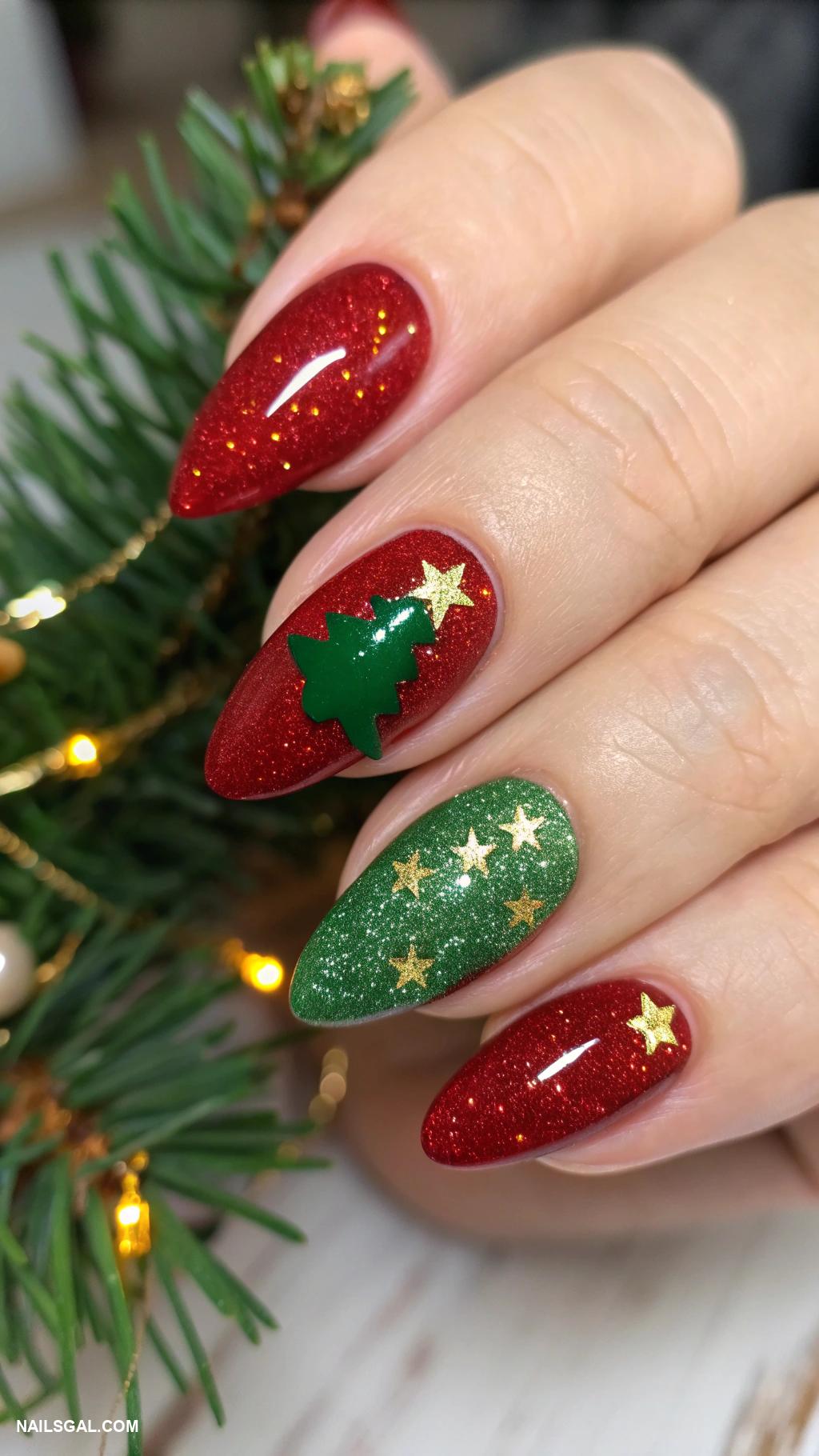 christmas tree nails Glittery red base with green tips